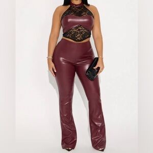 Flirt For Fun Faux Leather Pant Set - Burgundy/combo